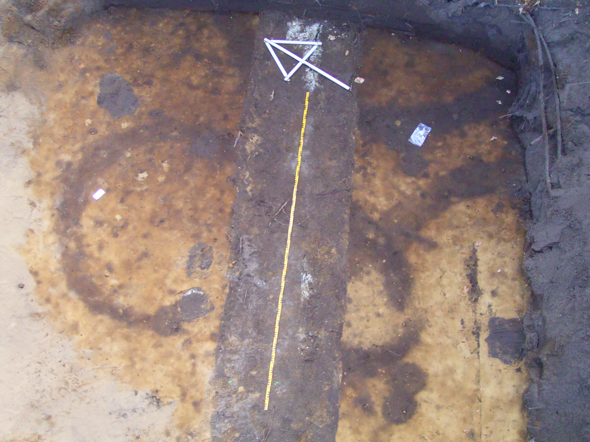 Opgraving Doornseweg - Kringgreppels van begravingen uit circa 1000 c. Chr. De brede verkleuring waard e meetlat op ligt is een recente verstoring